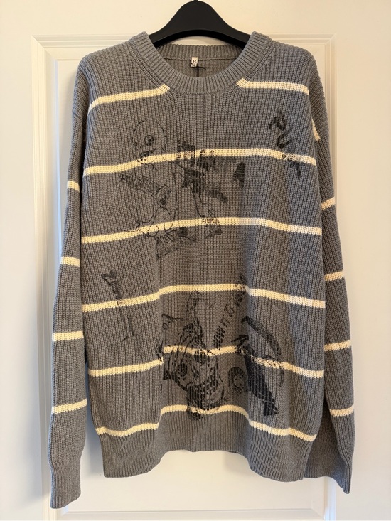 R13 Sweaters - R13 Gray and White Striped Crewneck Sweater with Black Graphic